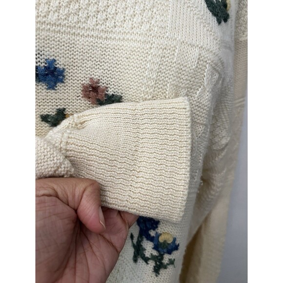 Yessiva Cream Floral Crochet Knit Embroidered Rustic Crew Neck Wool Sweater Med - Picture 5 of 10